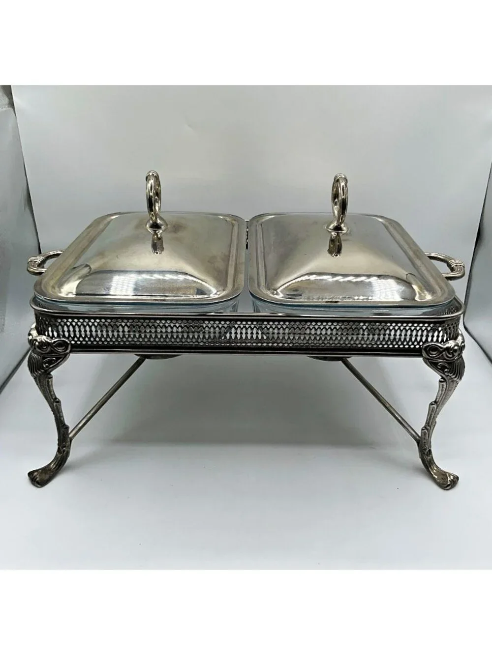 Vintage Silverplate Double Chafing Dish Buffet Server Glass Inserts Ornate Warm